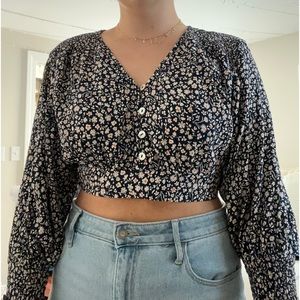 Navy Blue Floral Cropped Blouse- Size M